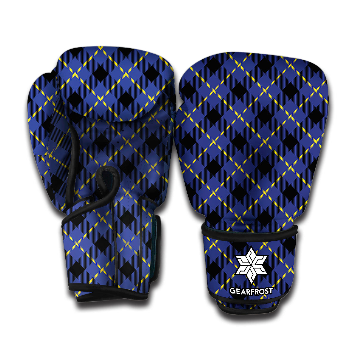 Blue Black And Yellow Plaid Print Boxing Gloves