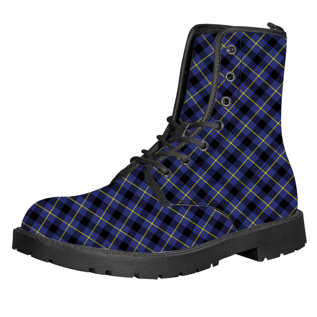 Blue Black And Yellow Plaid Print Leather Boots