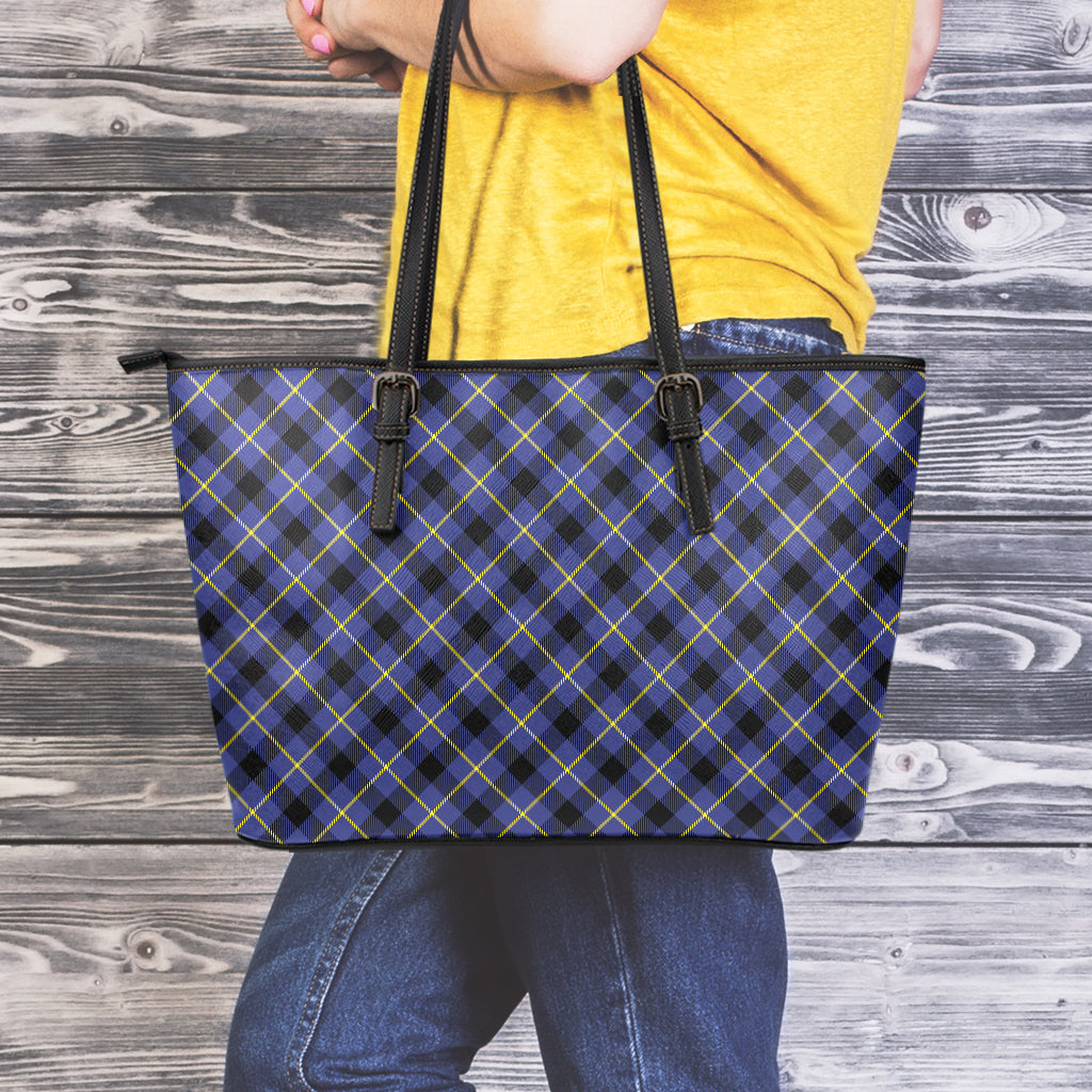 Blue Black And Yellow Plaid Print Leather Tote Bag