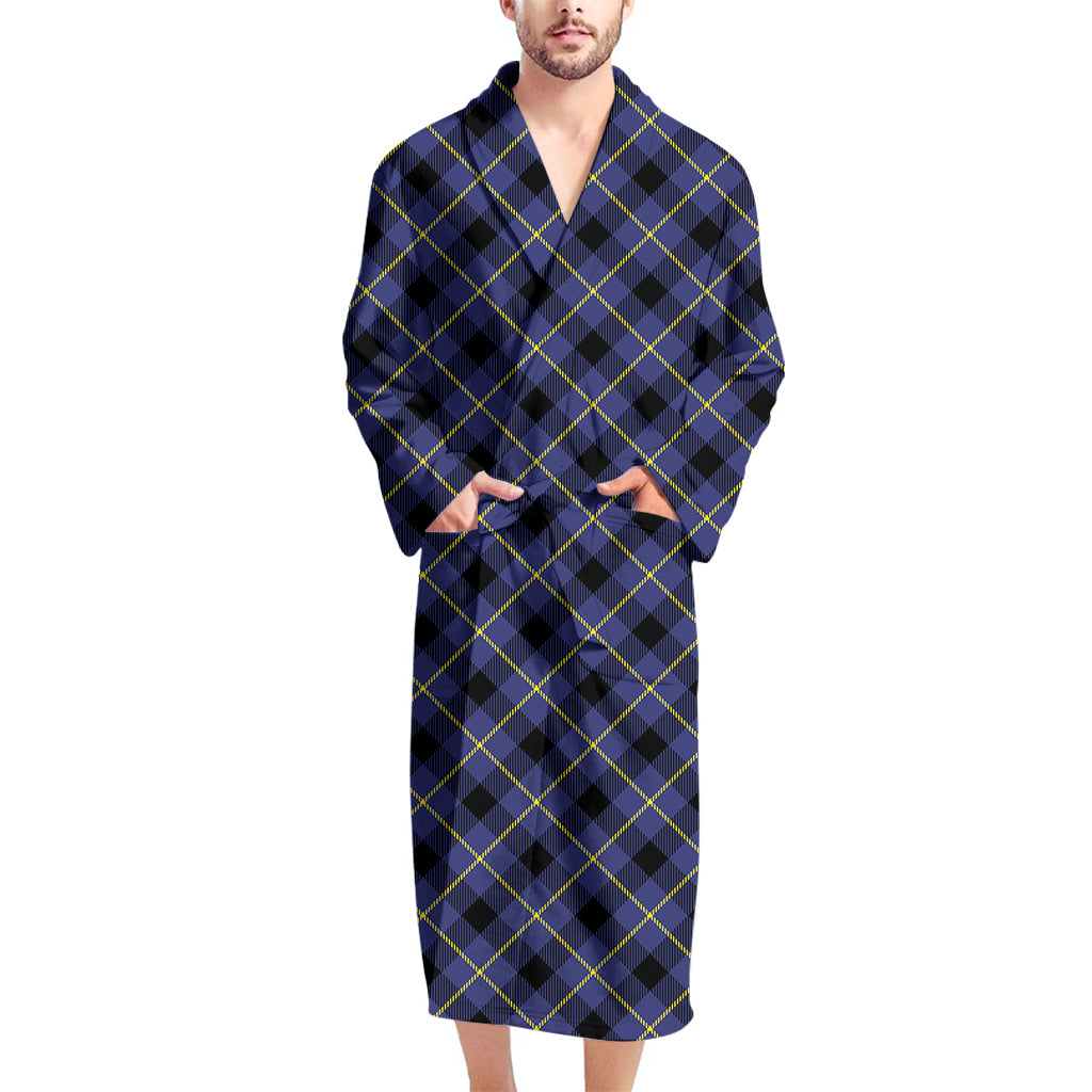 Blue Black And Yellow Plaid Print Men's Bathrobe