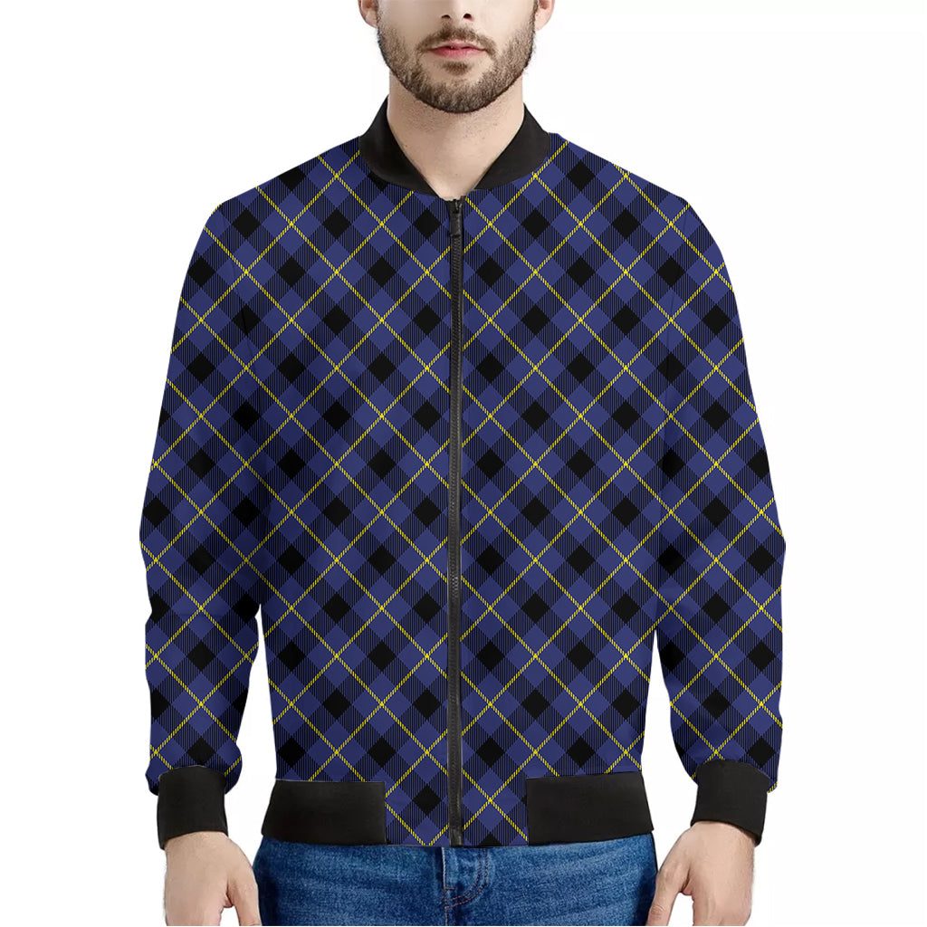 Blue Black And Yellow Plaid Print Men's Bomber Jacket