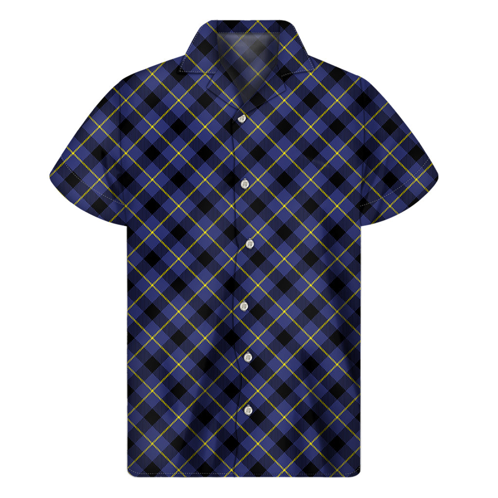 Blue Black And Yellow Plaid Print Men's Short Sleeve Shirt