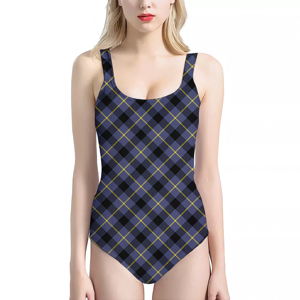 Blue Black And Yellow Plaid Print One Piece Halter Neck Swimsuit