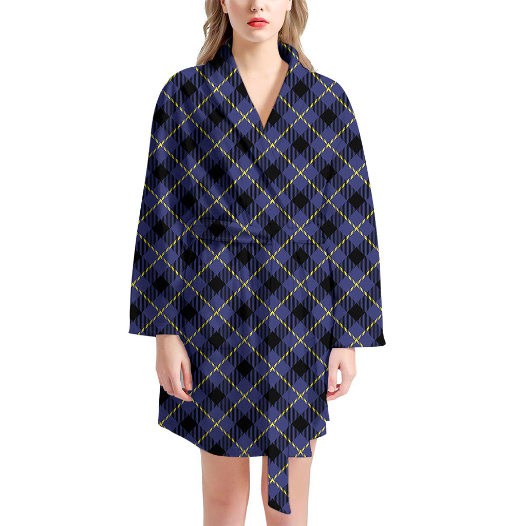 Blue Black And Yellow Plaid Print Women's Bathrobe