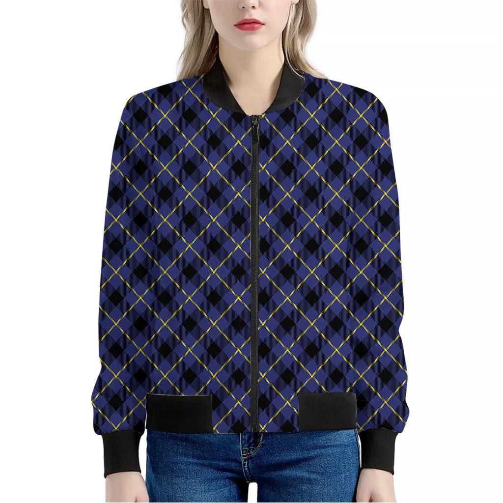 Blue Black And Yellow Plaid Print Women's Bomber Jacket