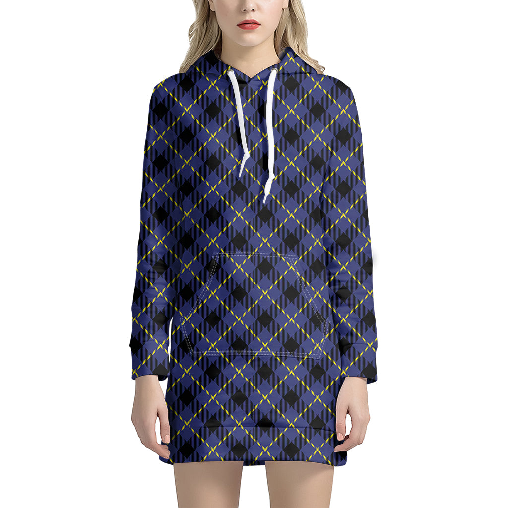 Blue Black And Yellow Plaid Print Women's Pullover Hoodie Dress