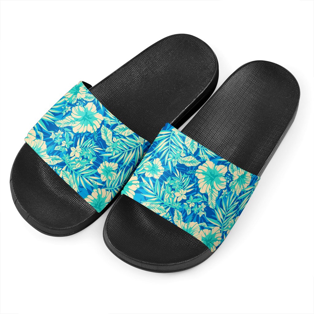 Blue Blossom Tropical Pattern Print Black Slide Sandals