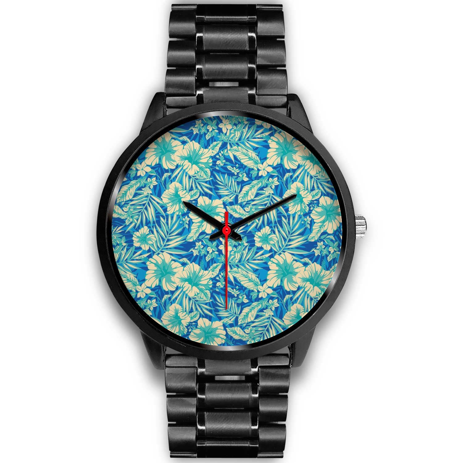 Blue Blossom Tropical Pattern Print Black Watch