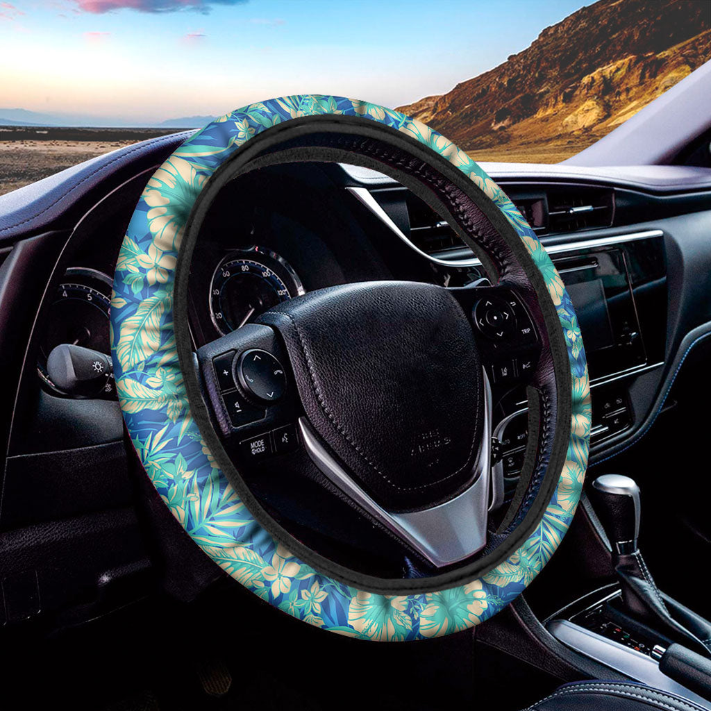 Blue Blossom Tropical Pattern Print Car Steering Wheel Cover