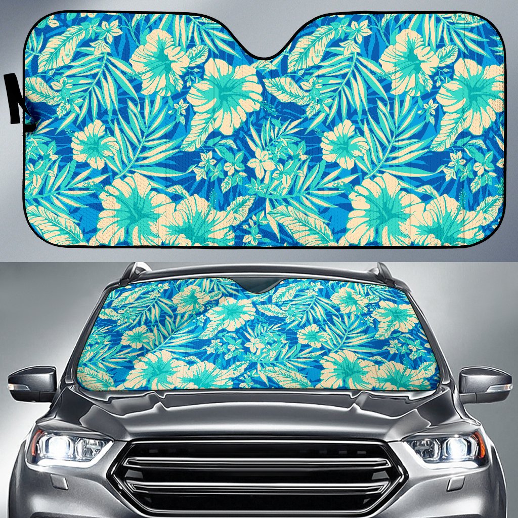 Blue Blossom Tropical Pattern Print Car Sun Shade