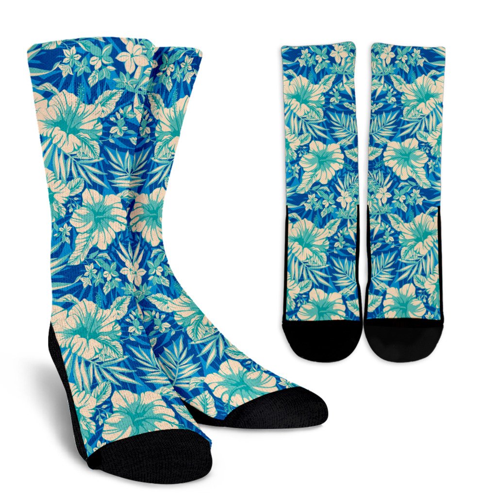 Blue Blossom Tropical Pattern Print Crew Socks