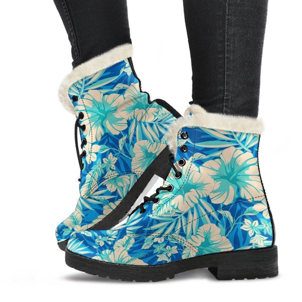 Blue Blossom Tropical Pattern Print Faux Fur Leather Boots