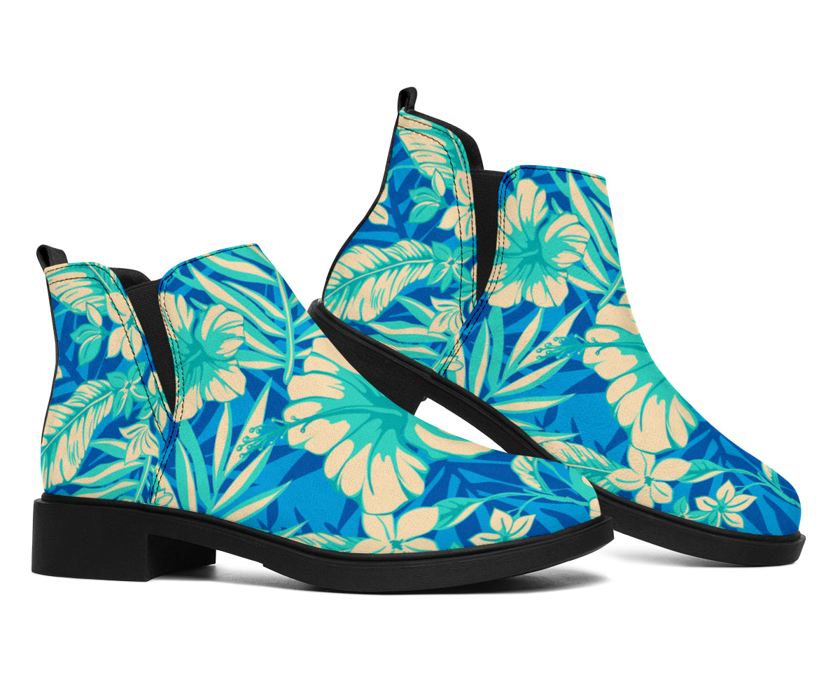 Blue Blossom Tropical Pattern Print Flat Ankle Boots