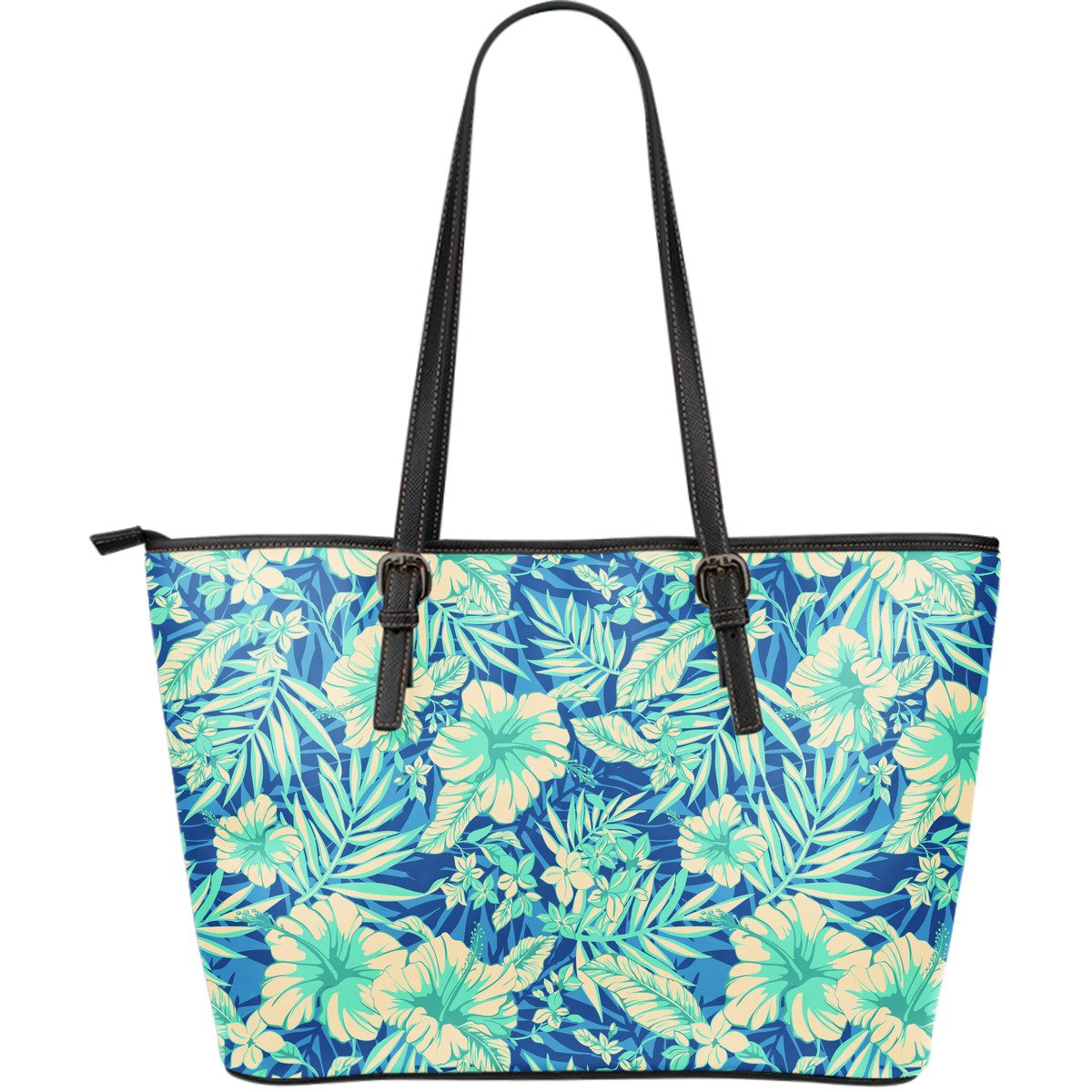 Blue Blossom Tropical Pattern Print Leather Tote Bag