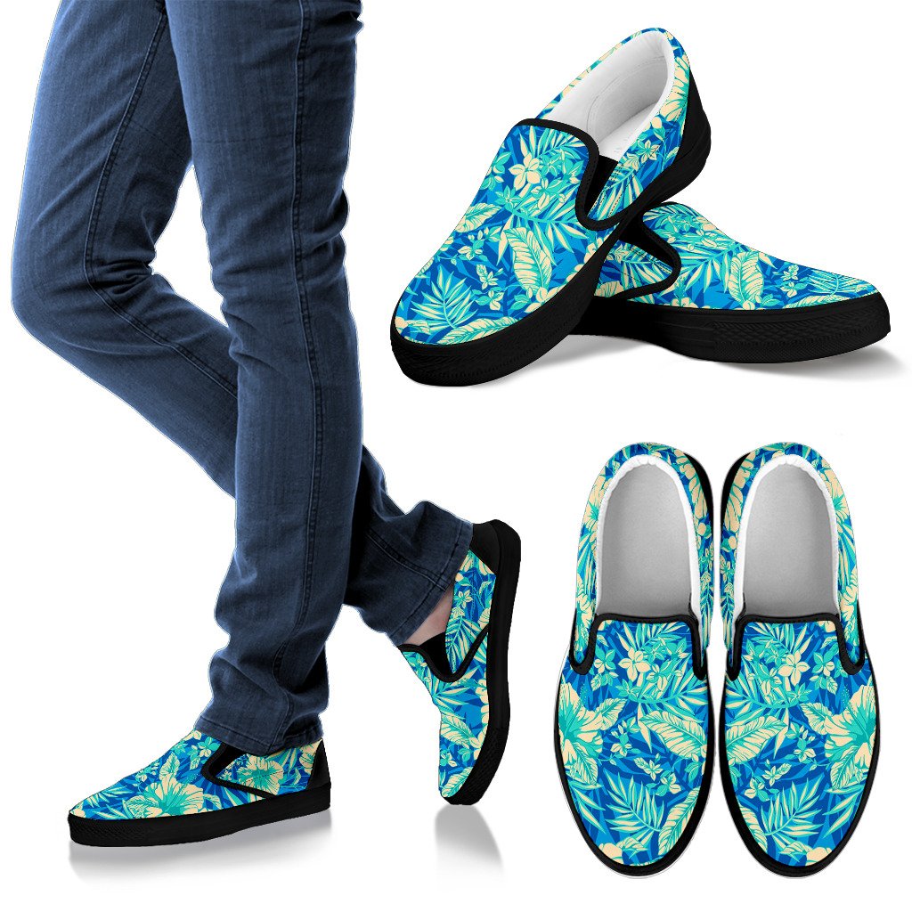 Blue Blossom Tropical Pattern Print Men's Slip On Shoes