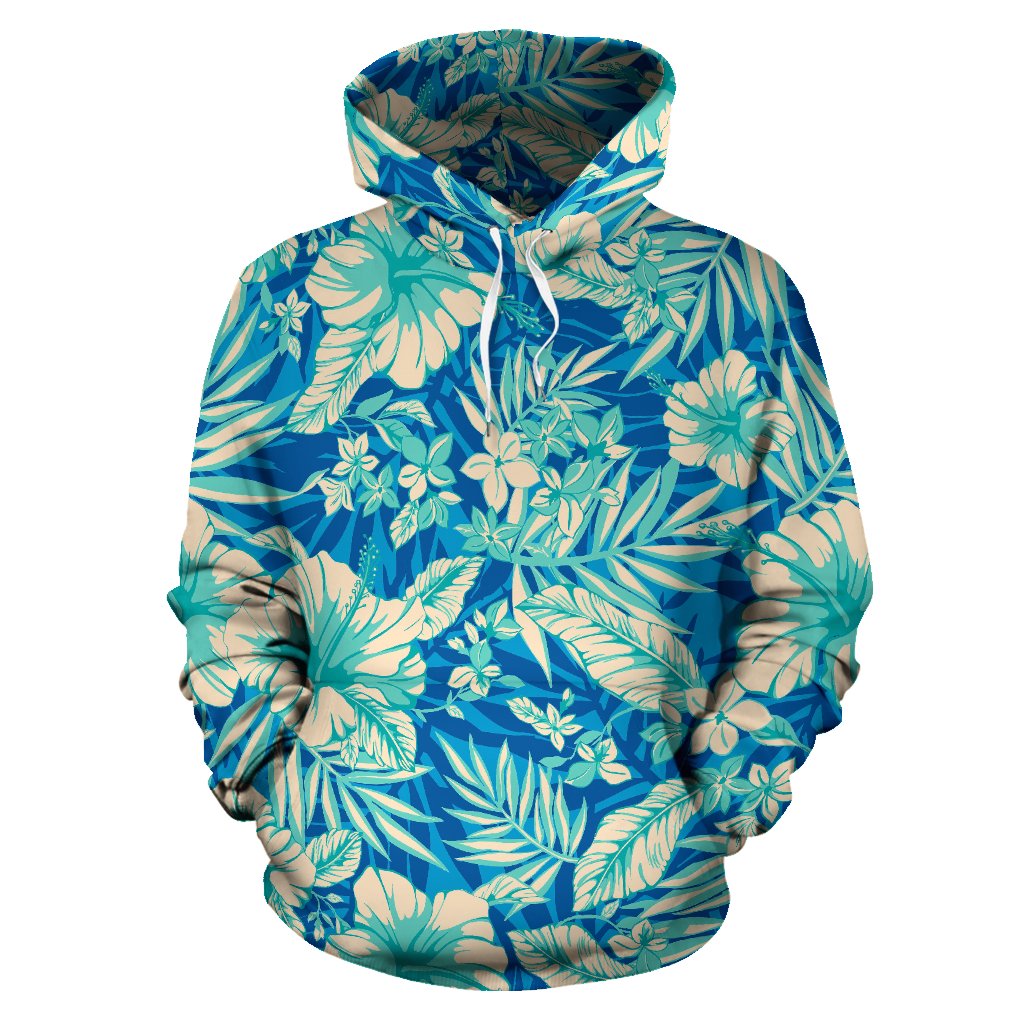 Blue Blossom Tropical Pattern Print Pullover Hoodie