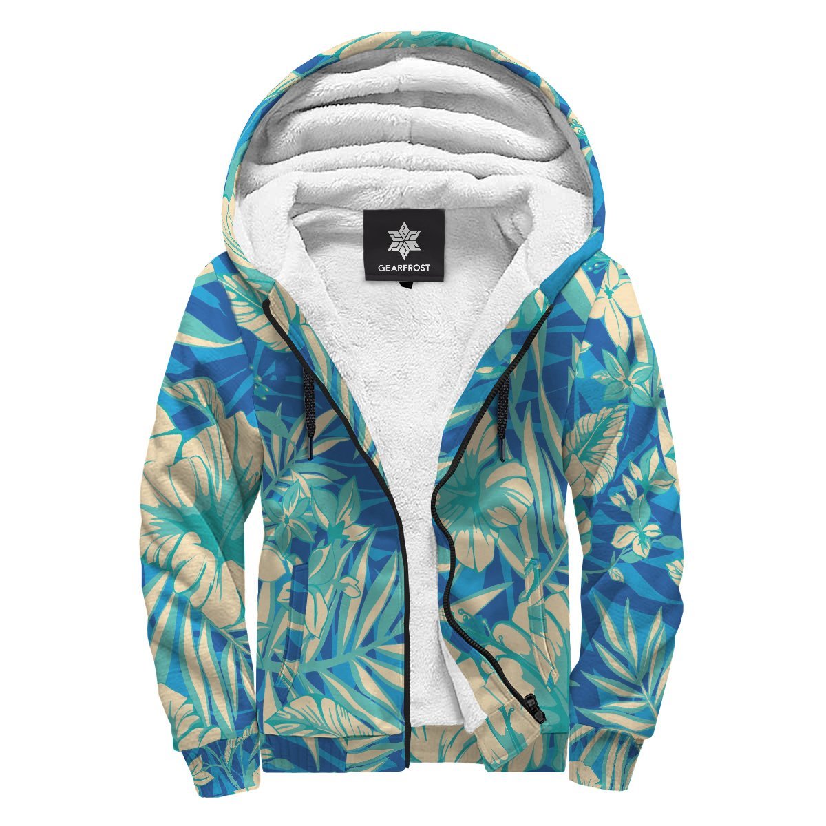 Blue Blossom Tropical Pattern Print Sherpa Lined Fleece Hoodie