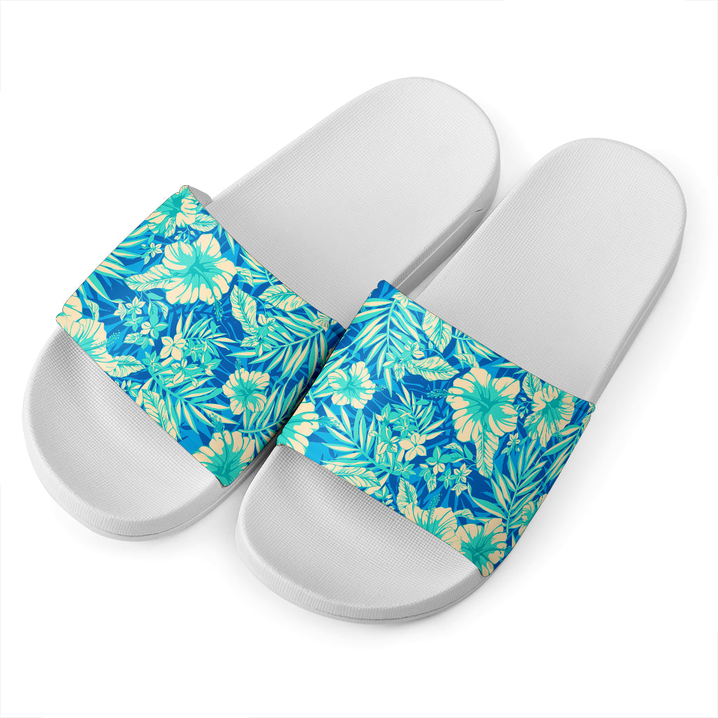 Blue Blossom Tropical Pattern Print White Slide Sandals