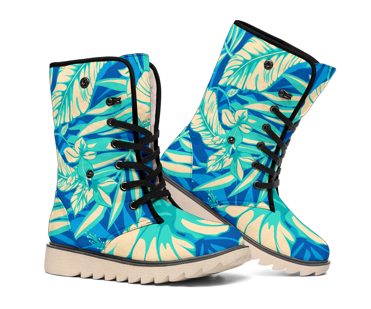 Blue Blossom Tropical Pattern Print Winter Boots