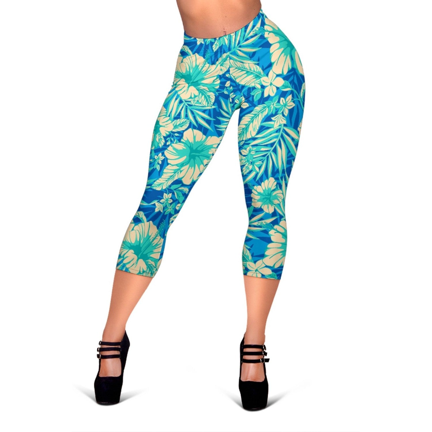 Blue Blossom Tropical Pattern Print Women's Capri Leggings