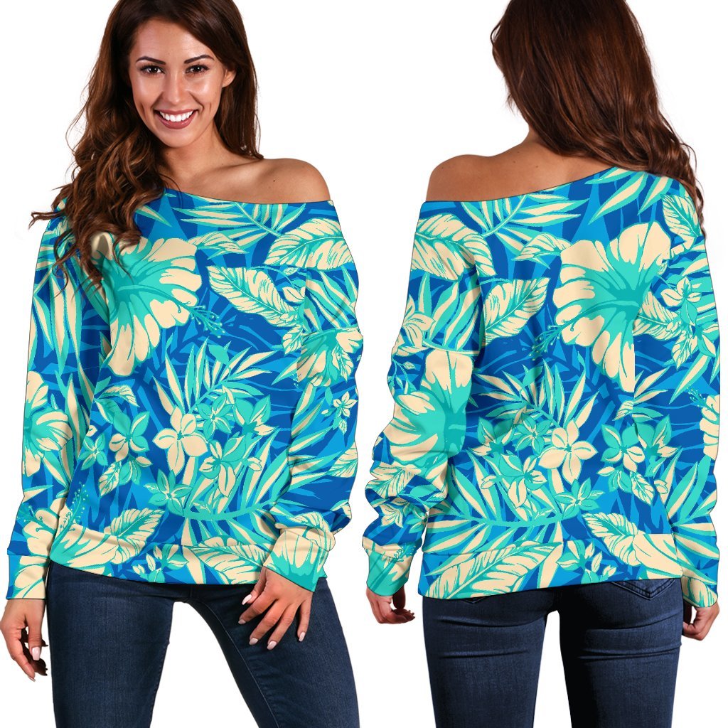 Blue Blossom Tropical Pattern Print Women's Off-Shoulder Sweatshirt