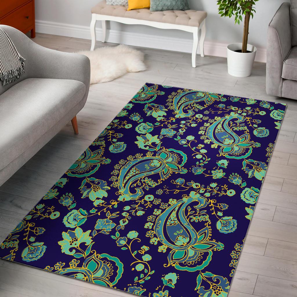 Blue Bohemian Paisley Pattern Print Area Rug