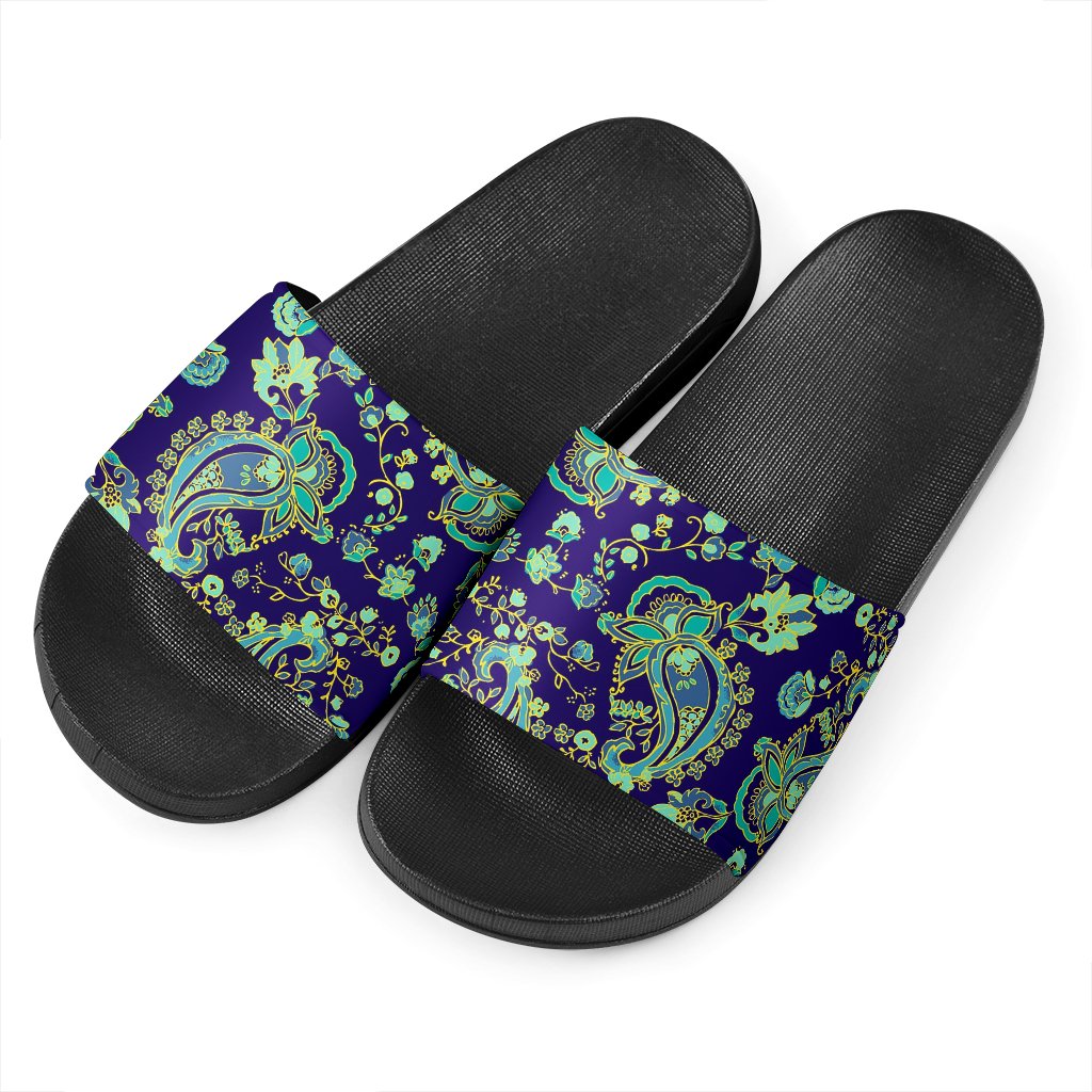 Blue Bohemian Paisley Pattern Print Black Slide Sandals