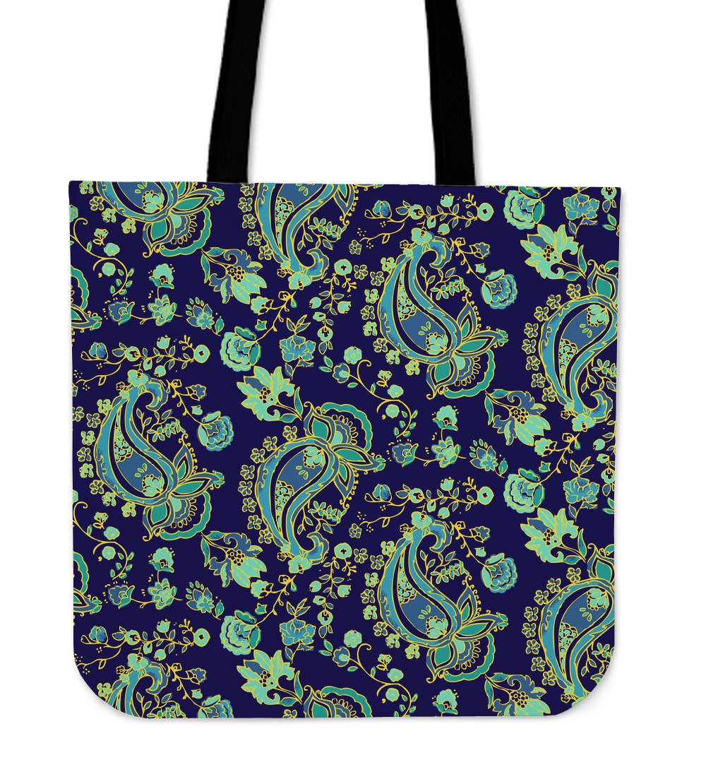 Blue Bohemian Paisley Pattern Print Canvas Tote Bag