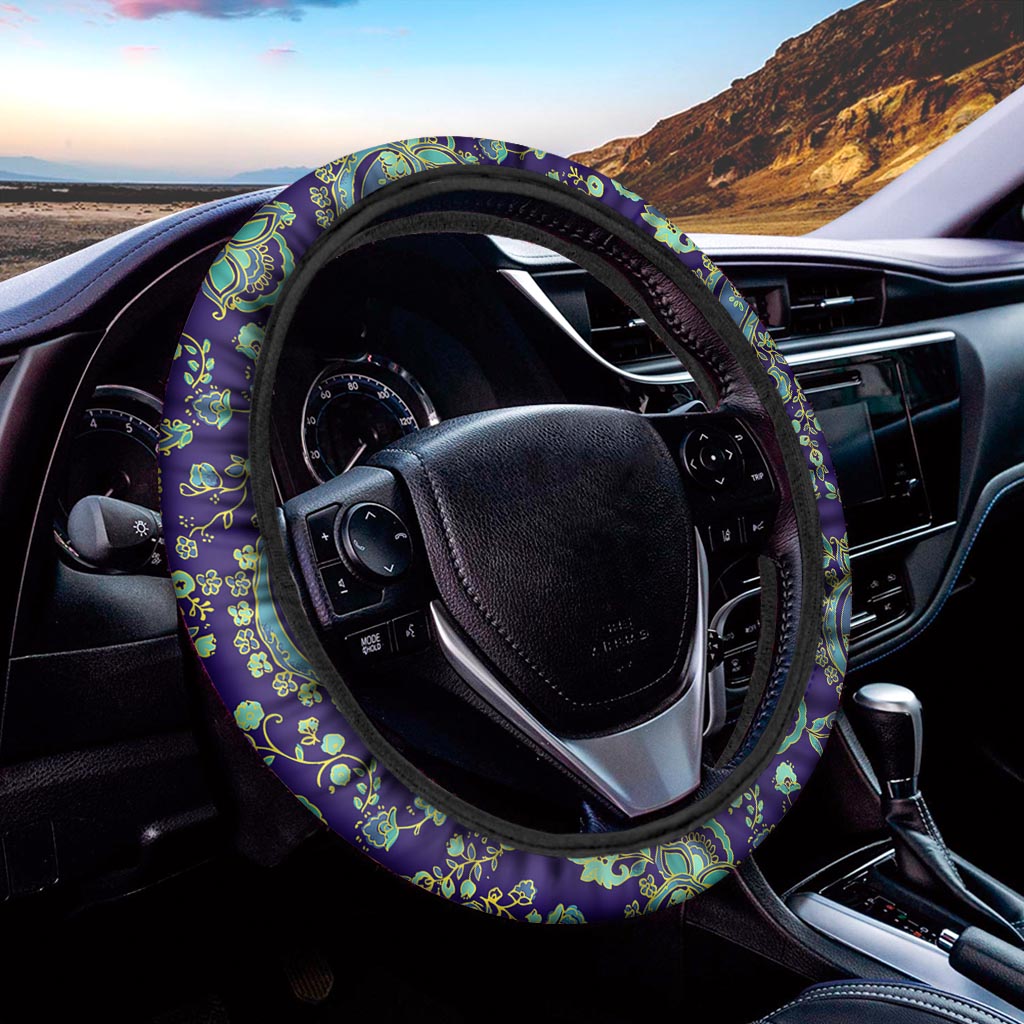 Blue Bohemian Paisley Pattern Print Car Steering Wheel Cover