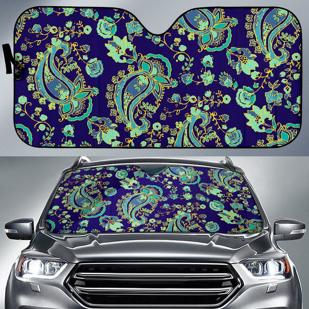 Blue Bohemian Paisley Pattern Print Car Sun Shade