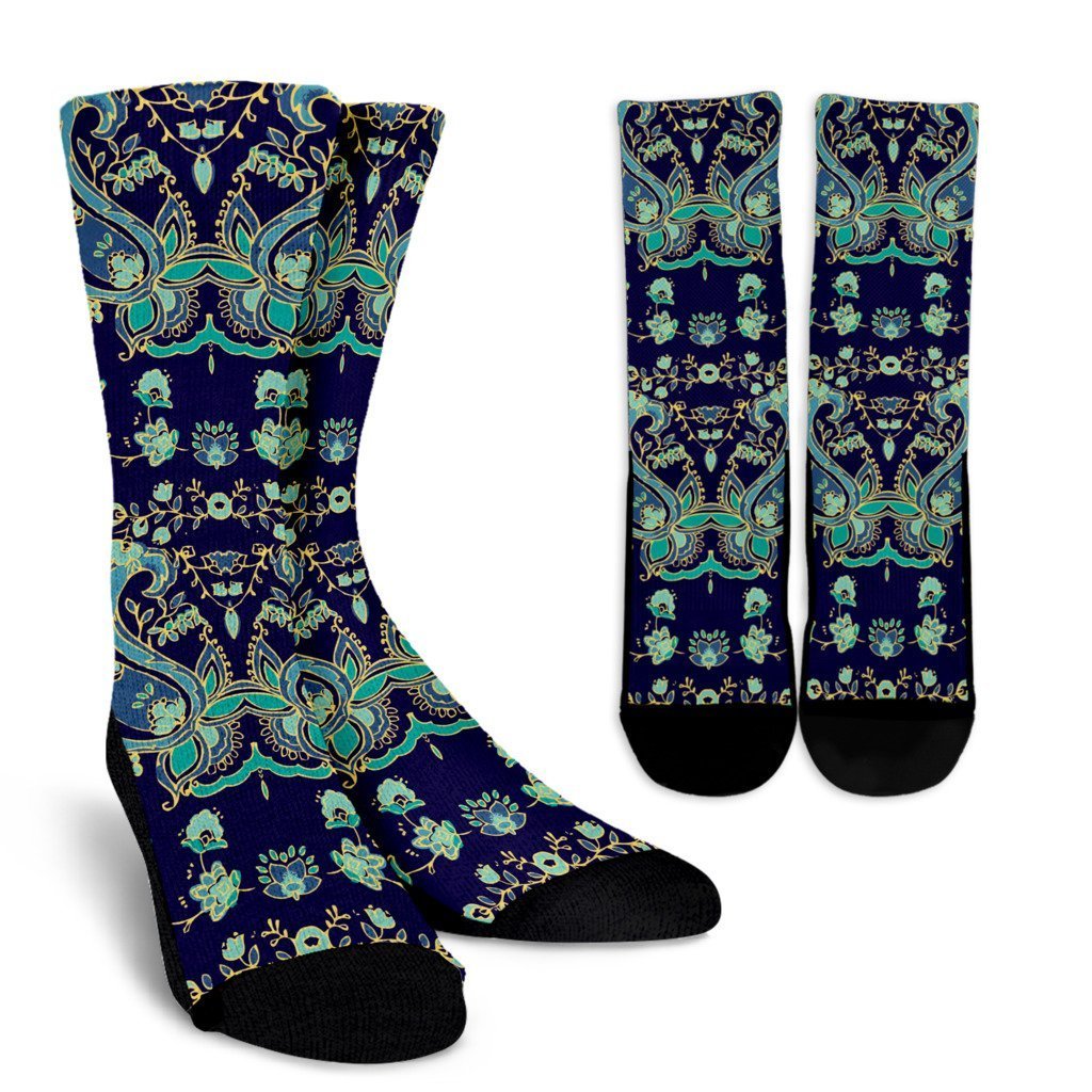 Blue Bohemian Paisley Pattern Print Crew Socks