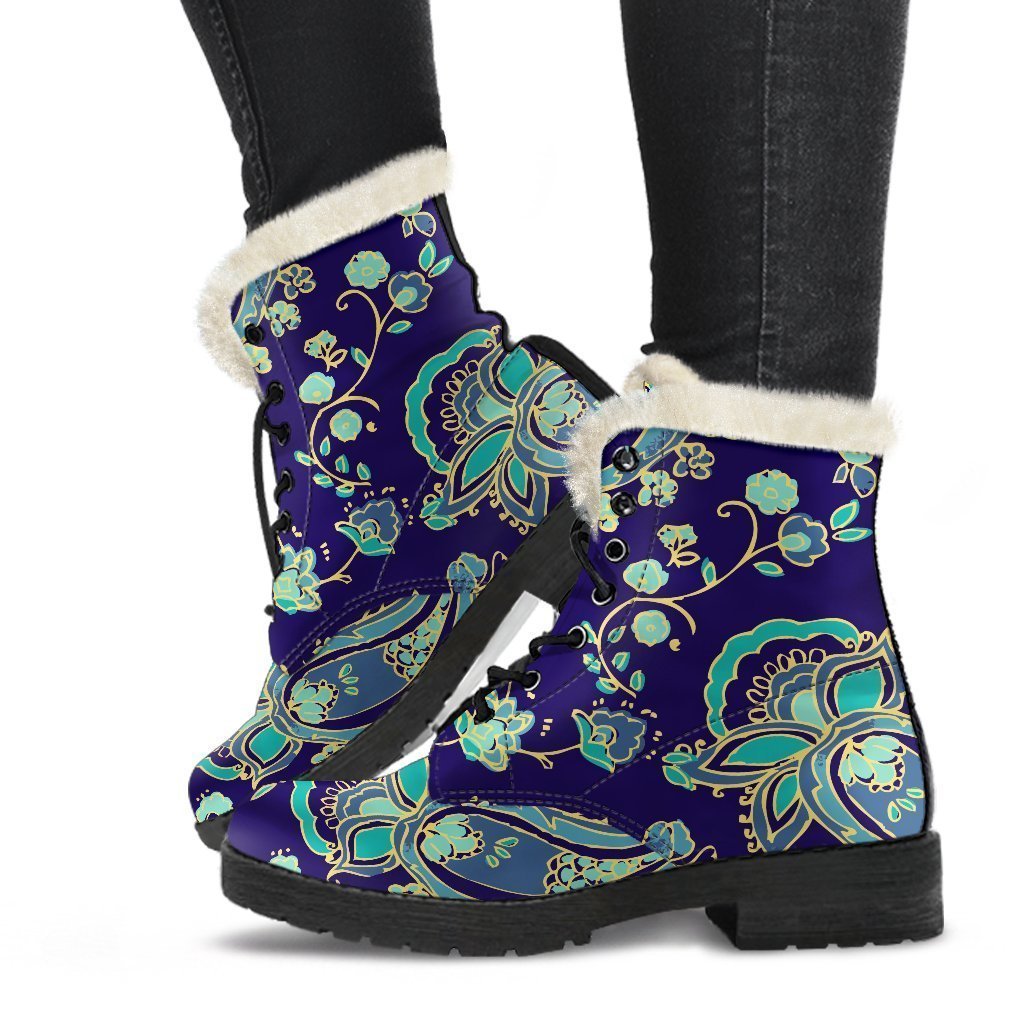 Blue Bohemian Paisley Pattern Print Faux Fur Leather Boots