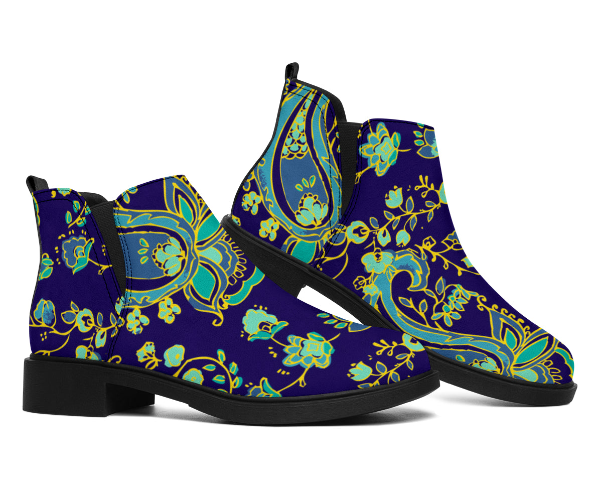 Blue Bohemian Paisley Pattern Print Flat Ankle Boots