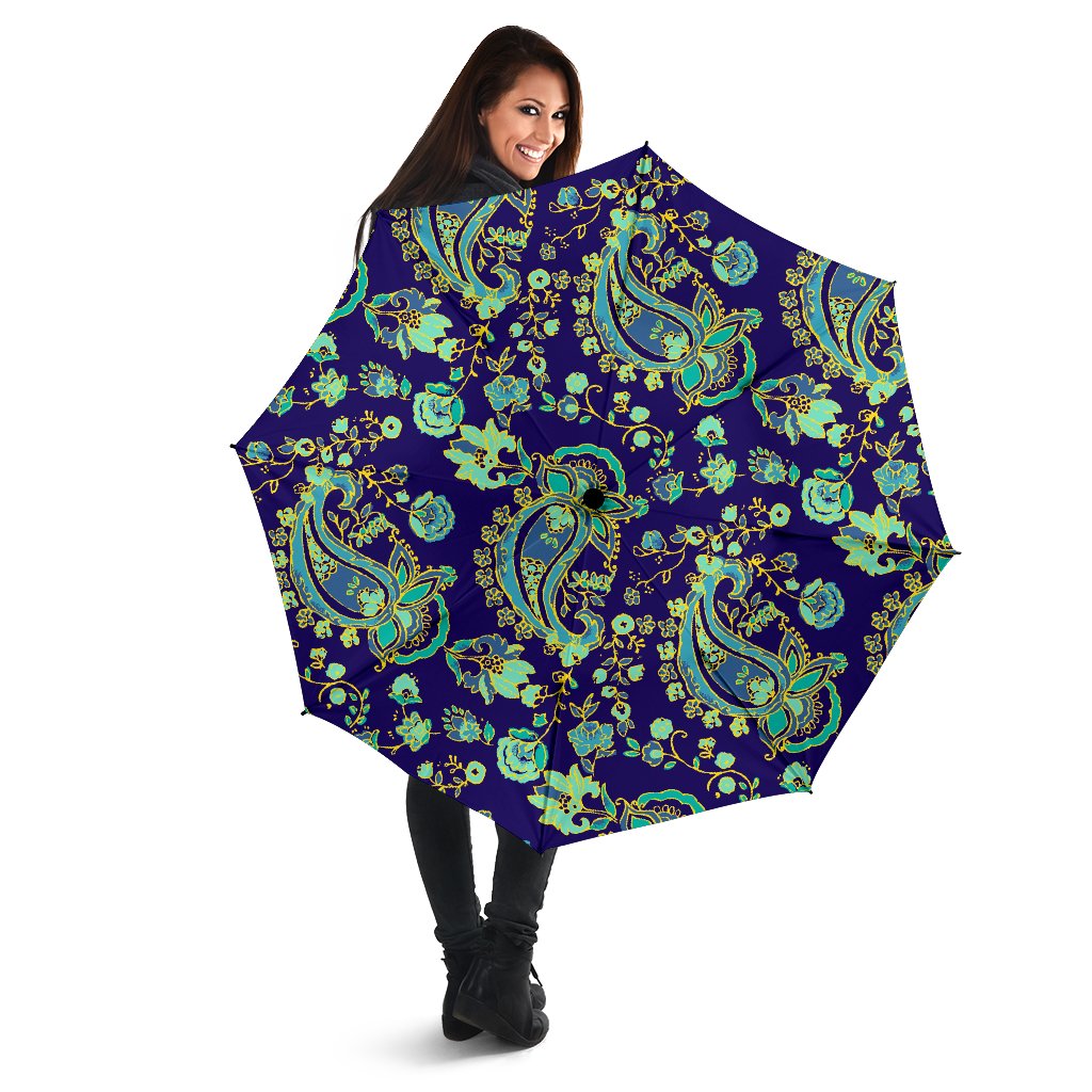 Blue Bohemian Paisley Pattern Print Foldable Umbrella