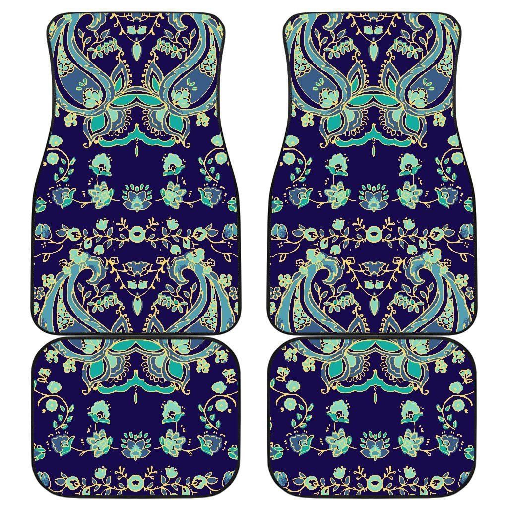 Blue Bohemian Paisley Pattern Print Front and Back Car Floor Mats