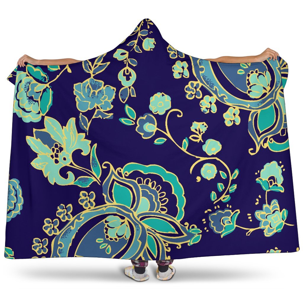 Blue Bohemian Paisley Pattern Print Hooded Blanket