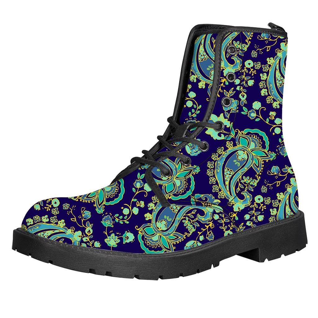 Blue Bohemian Paisley Pattern Print Leather Boots