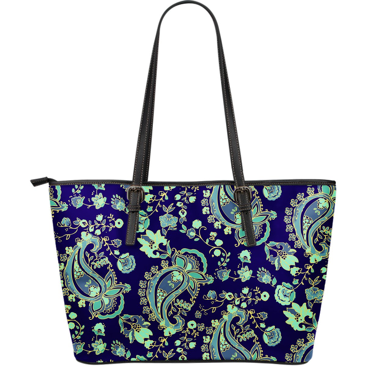 Blue Bohemian Paisley Pattern Print Leather Tote Bag