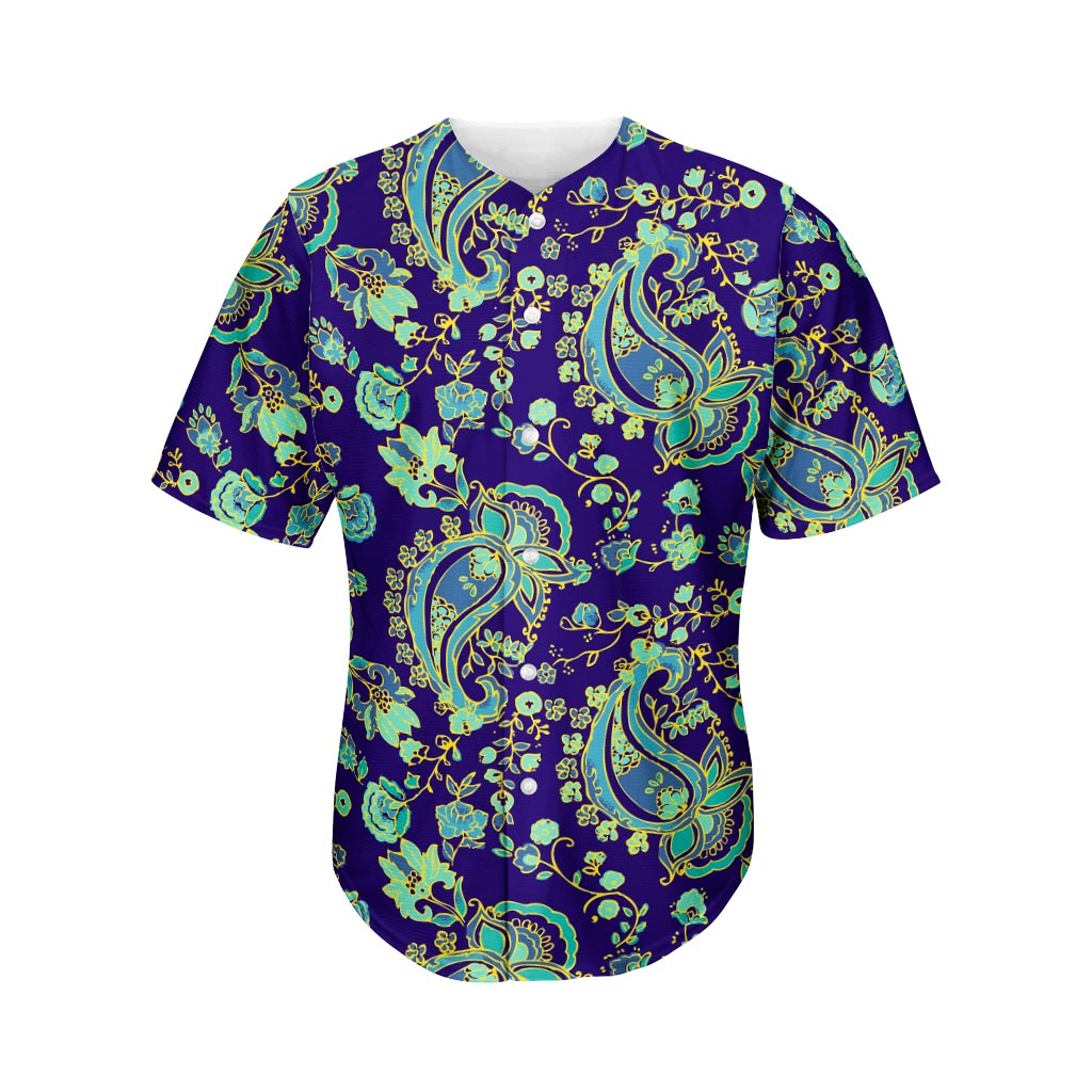 Blue Bohemian Paisley Pattern Print Men's Baseball Jersey