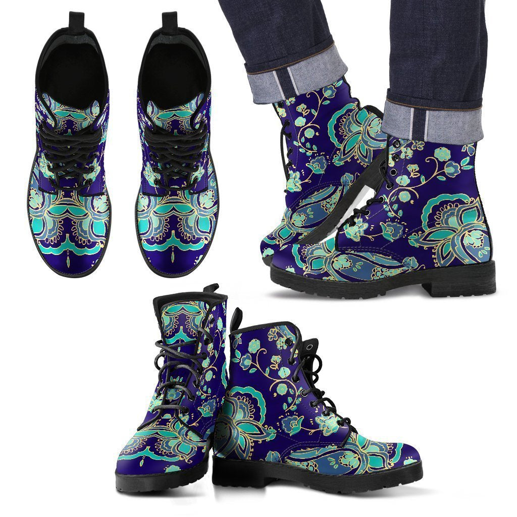 Blue Bohemian Paisley Pattern Print Men's Boots