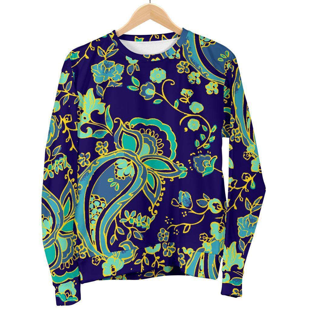 Blue Bohemian Paisley Pattern Print Men's Crewneck Sweatshirt