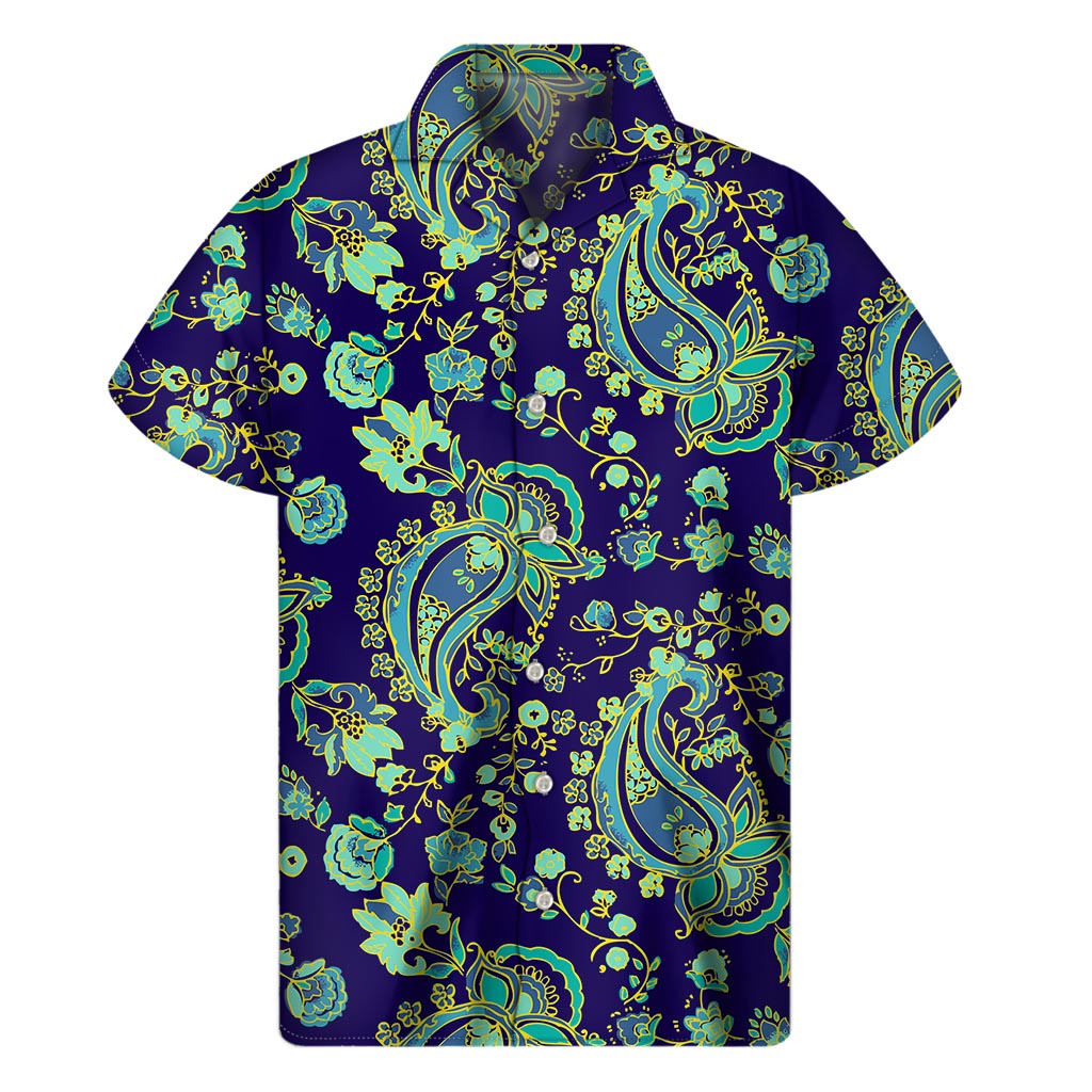 Blue Bohemian Paisley Pattern Print Men's Short Sleeve Shirt