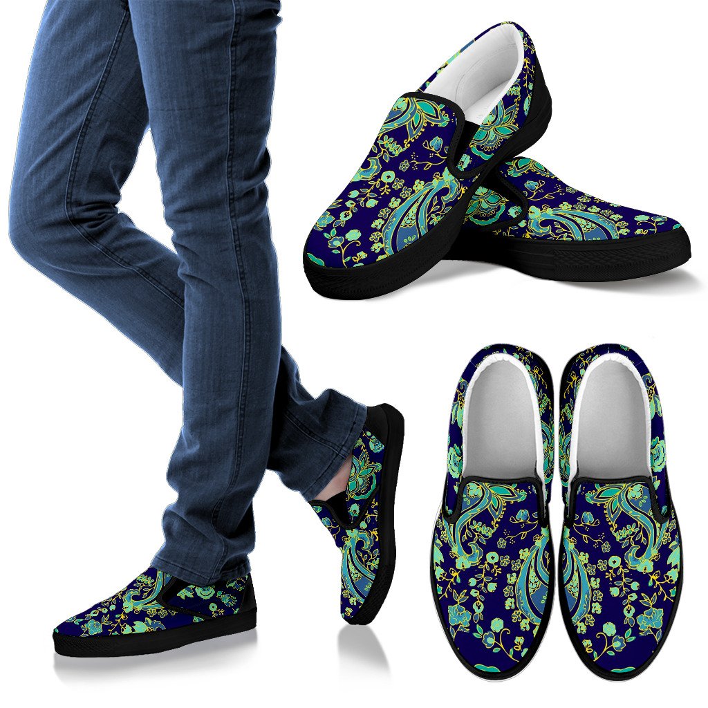 Blue Bohemian Paisley Pattern Print Men's Slip On Shoes