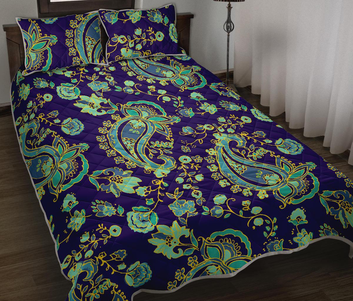 Blue Bohemian Paisley Pattern Print Quilt Bed Set