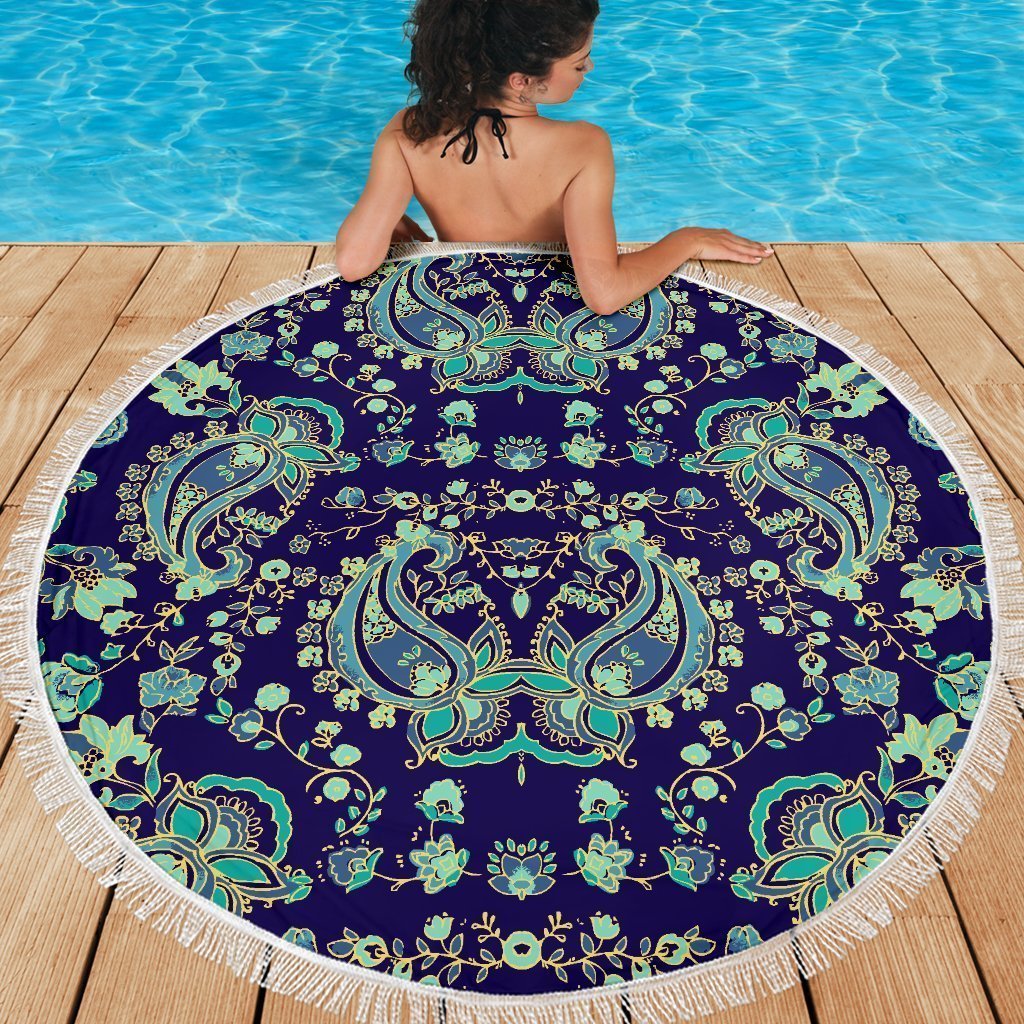 Blue Bohemian Paisley Pattern Print Round Beach Blanket