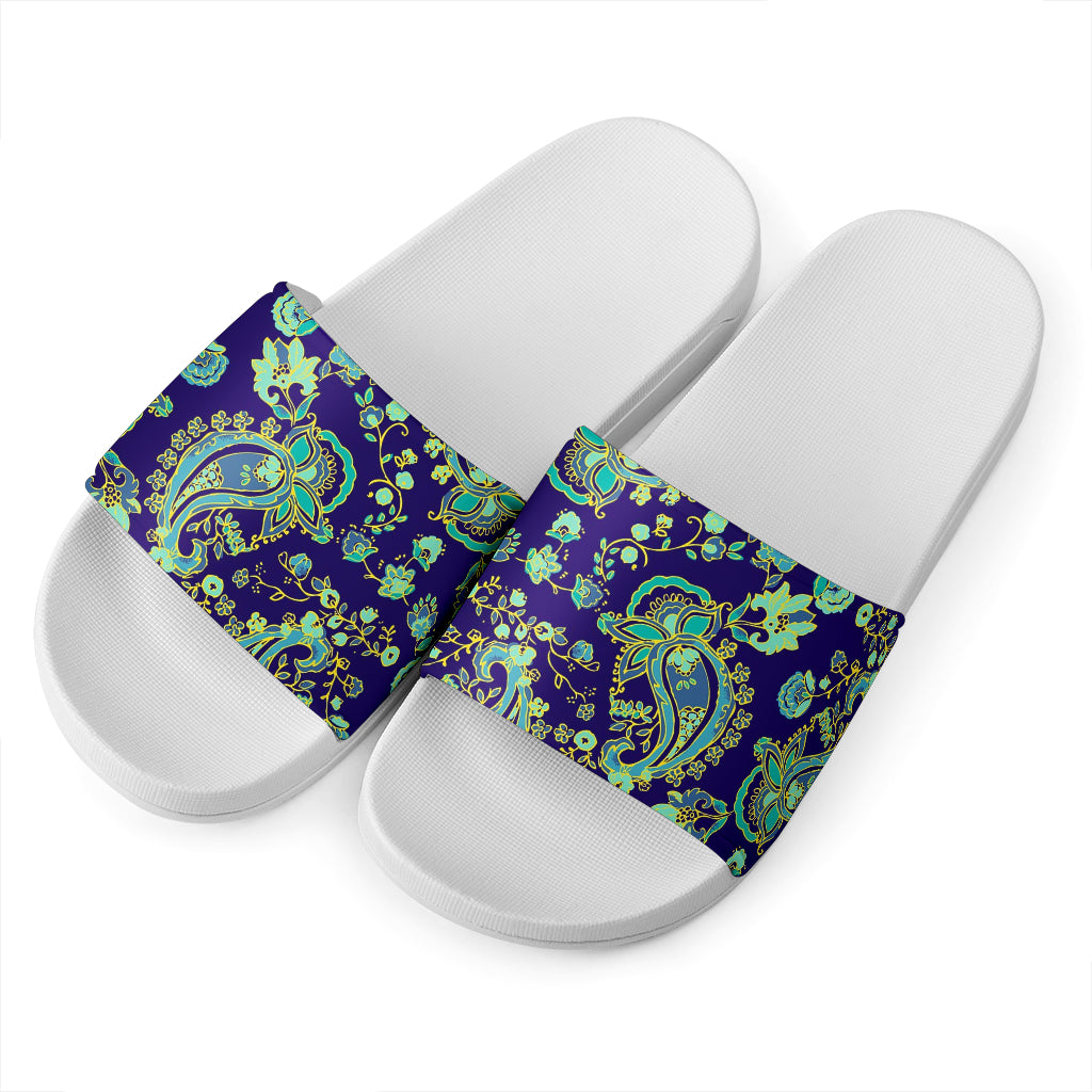 Blue Bohemian Paisley Pattern Print White Slide Sandals