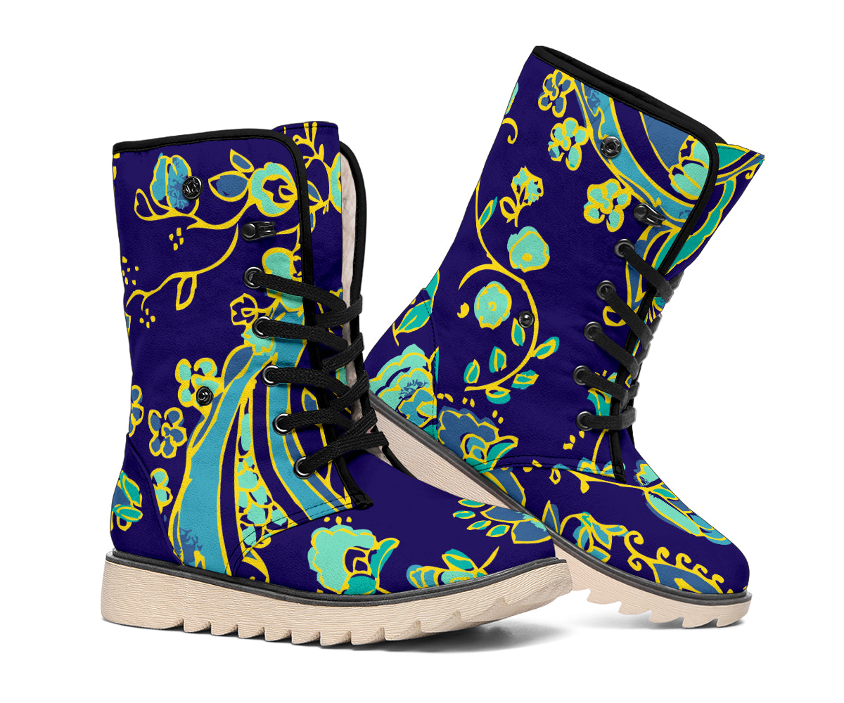 Blue Bohemian Paisley Pattern Print Winter Boots