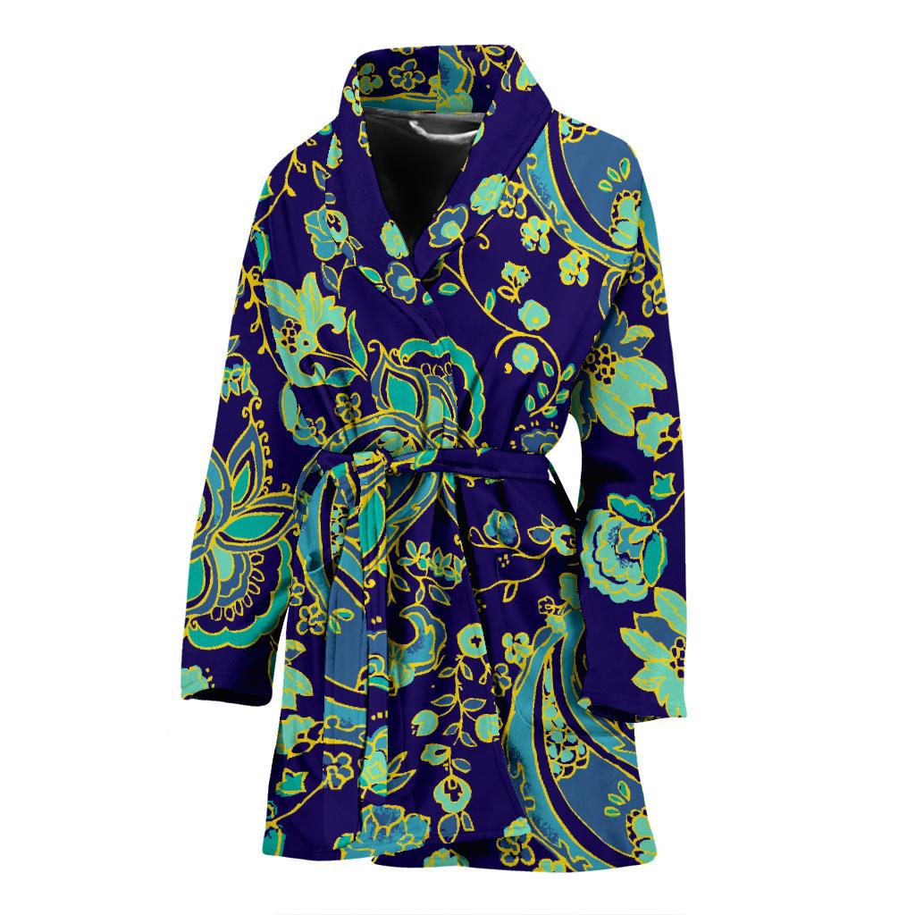 Blue Bohemian Paisley Pattern Print Women's Bathrobe