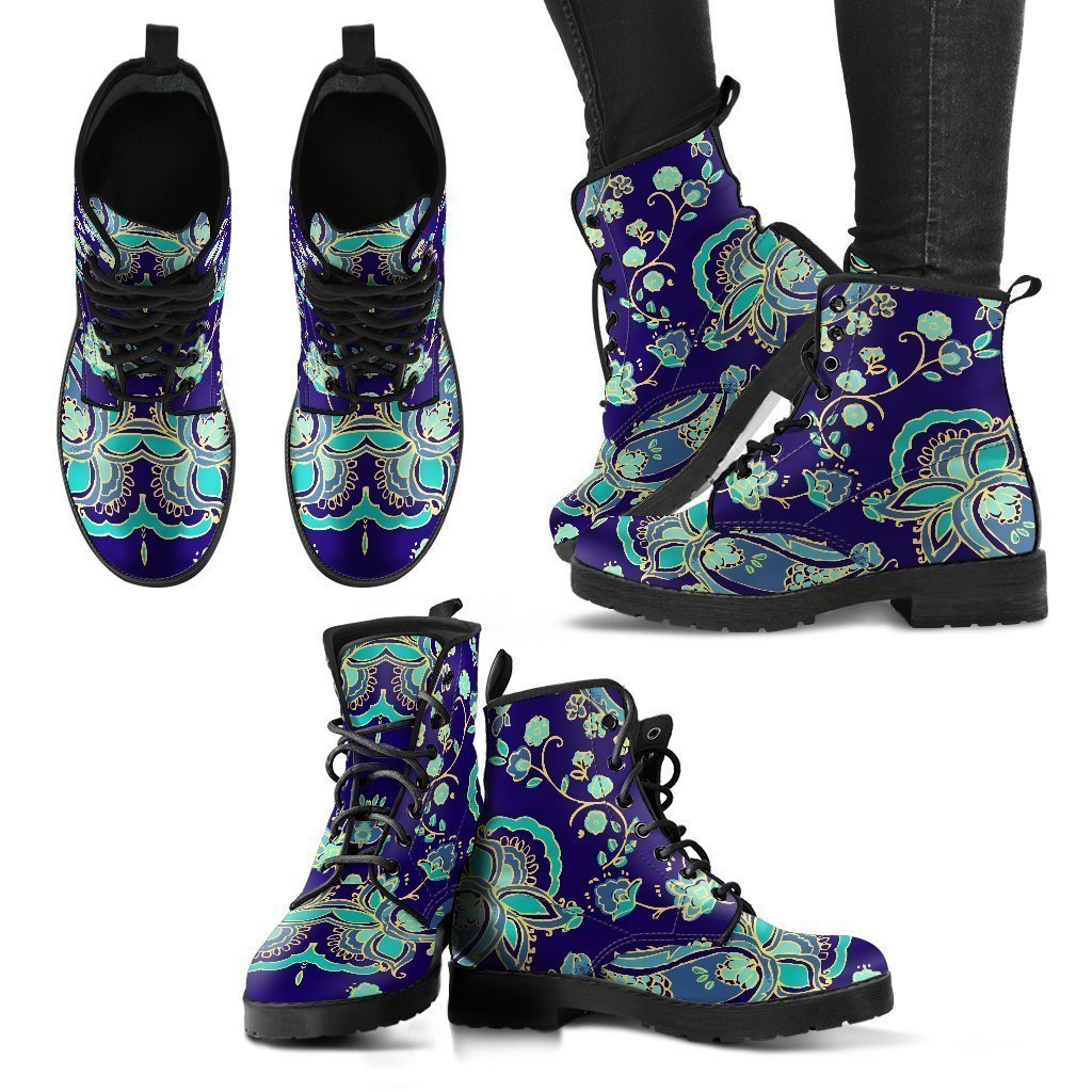 Blue Bohemian Paisley Pattern Print Women's Boots