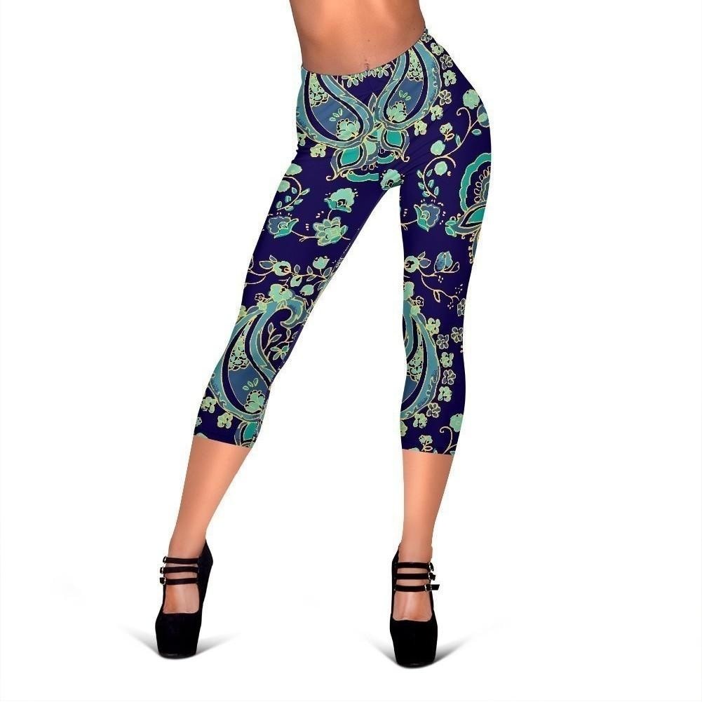 Blue Bohemian Paisley Pattern Print Women's Capri Leggings